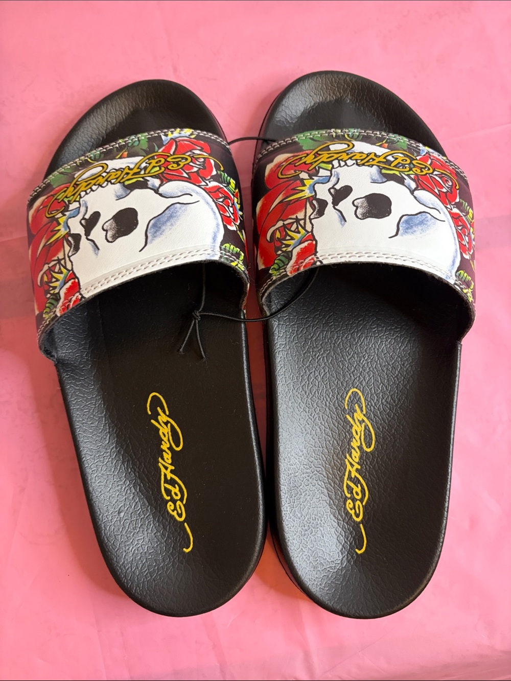 Ed Hardy Black Slides with Red, White & Green Skull Graphic